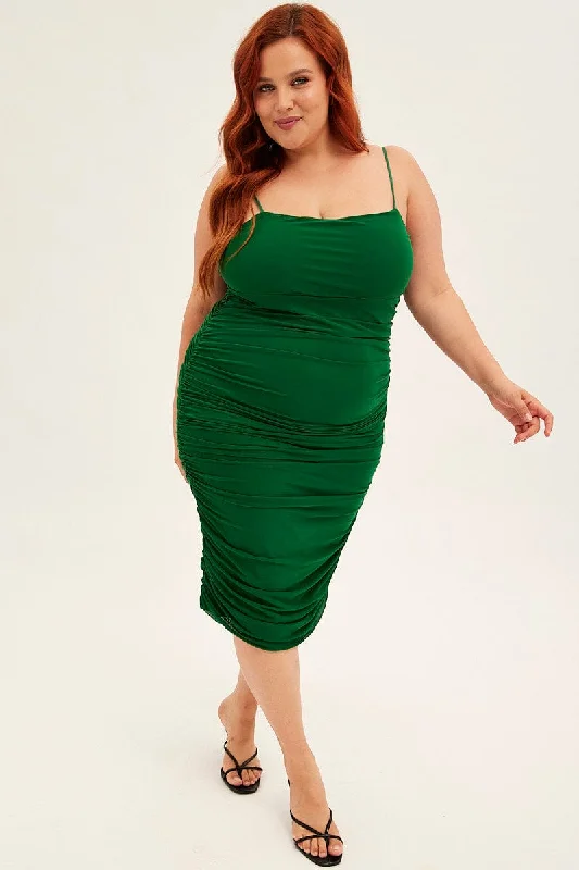 Green Midi Dress Mesh Ruched Side Shoestring Strap