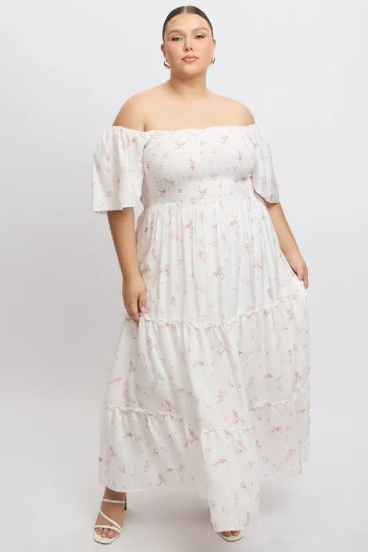 White Ditsy Maxi Dress Short Sleeve Tiered