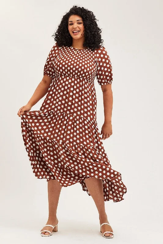 Polka Dot Maxi Dress Round Neck Puff Sleeve Shirred