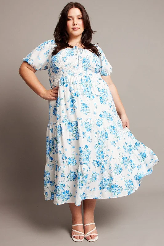 Blue Floral Midi Dress Short Sleeve Shirred