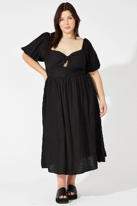 Black Ruched Waist Detail Midi Dress