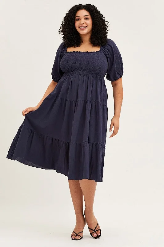 Blue Midi Dress Off Shoulder Short Sleeve