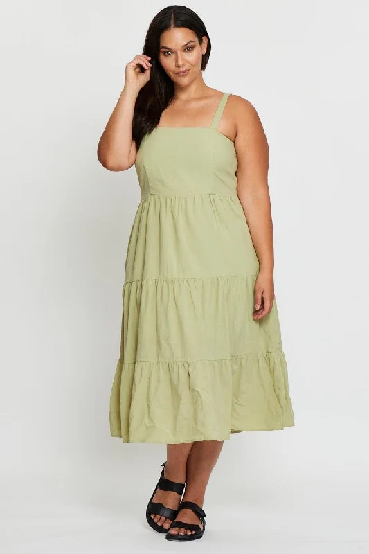 Green Midi Dress Square Neck Sleeveless