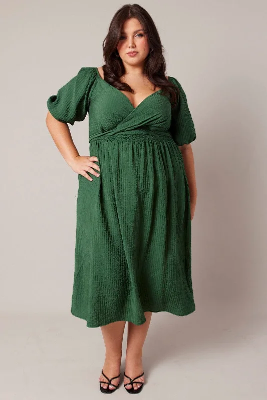 Green Midi Dress Textured Wrapover Elastic Waist Detail