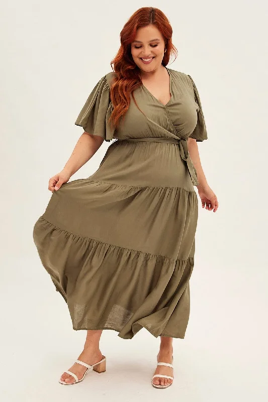 Green Maxi Dress Short Sleeve V-neck Tiered