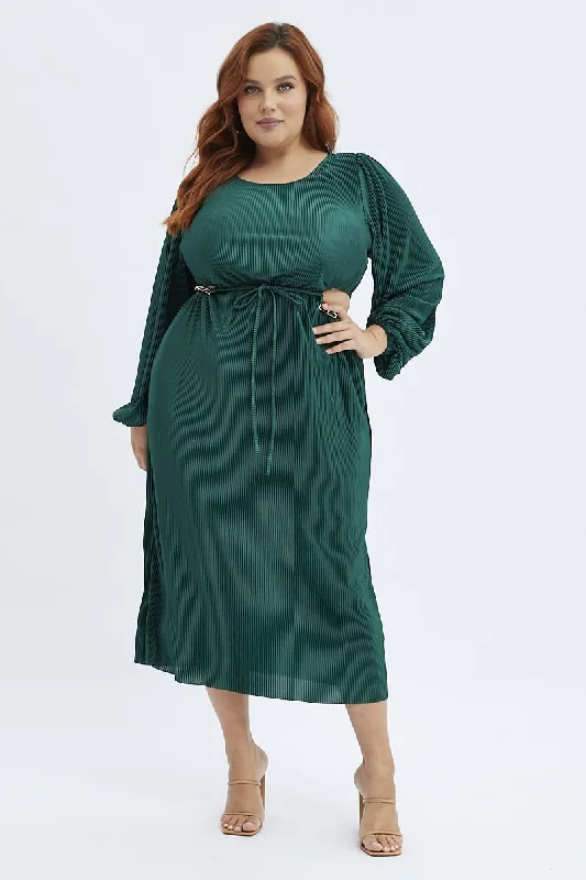 Green Midi Dress Long Sleeve Cut Out Plisse