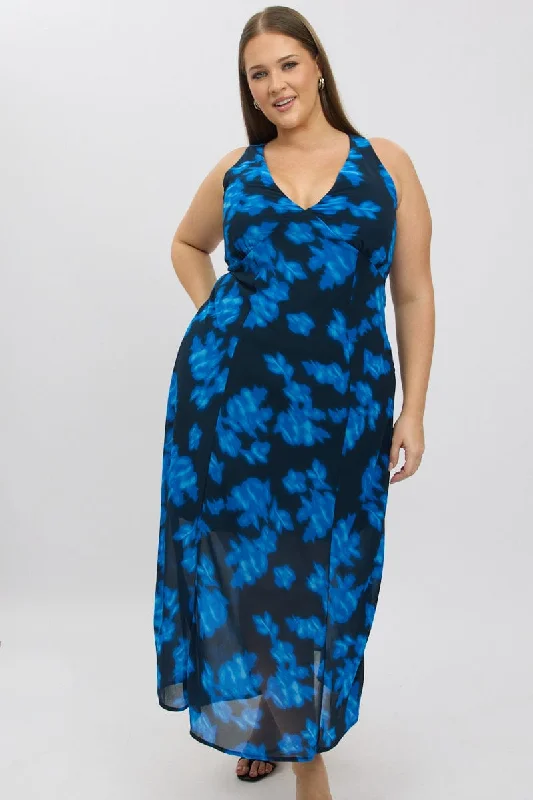 Blue Abstract Maxi Dress Sleeveless