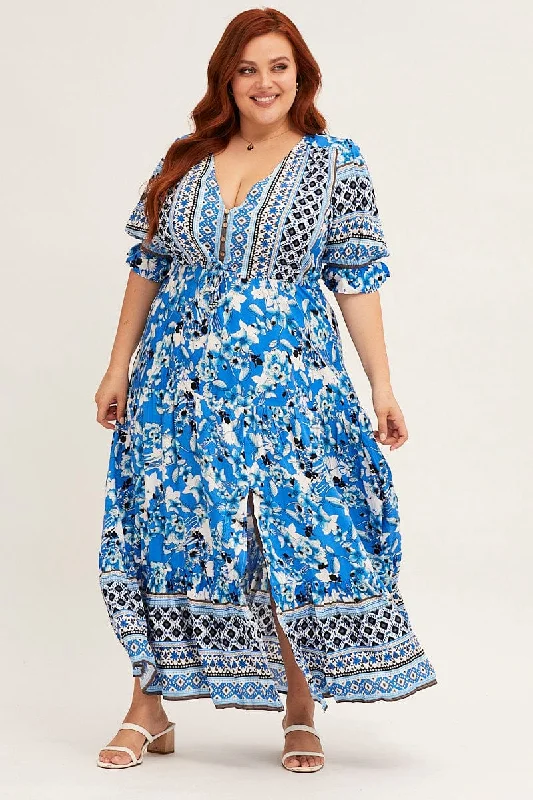 Boho Print Short Bubble Sleeve Boho Print Maxi Dress