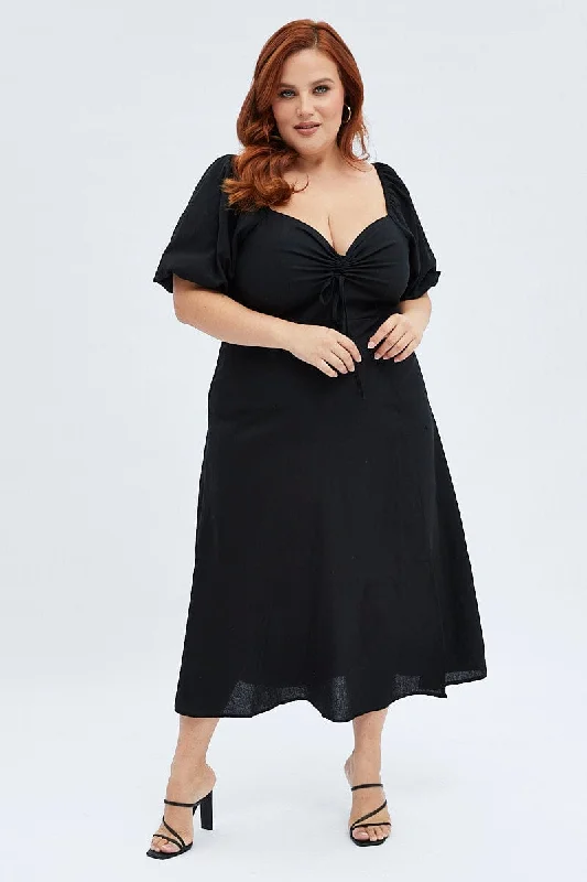 Black Midi Dress Fitted Drawstring Front Puff Sleeve