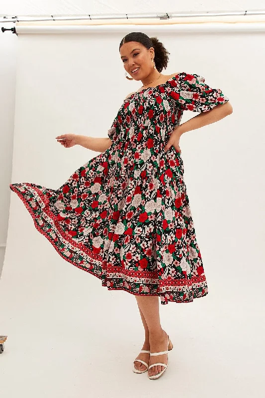 Multi Boho Midi Dress Off Shoulder Tie Back