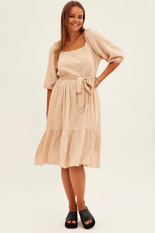 Beige Midi Dress Puff Sleeve Belt Frill Hem