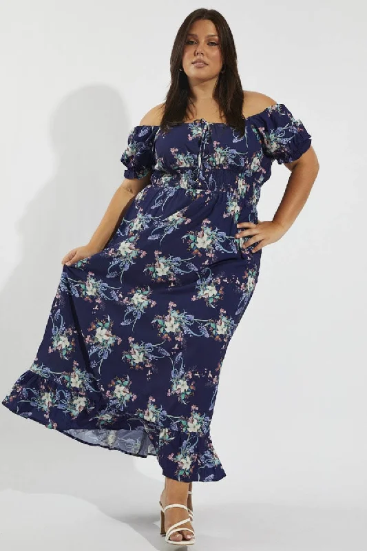 Multi Floral Tie Front Shirred Waist Midi Dress