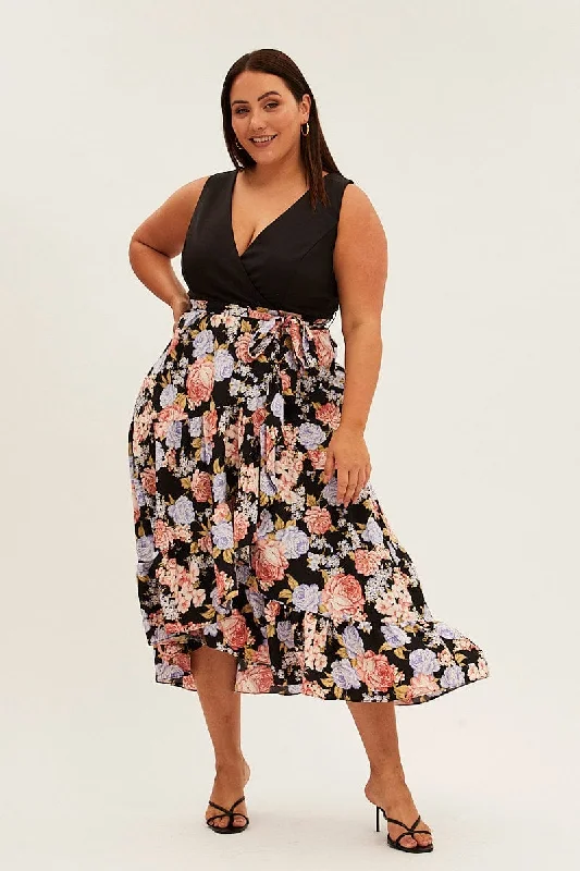 Print Floral Maxi Dress Plain Bodice V-neck Frill Skirt