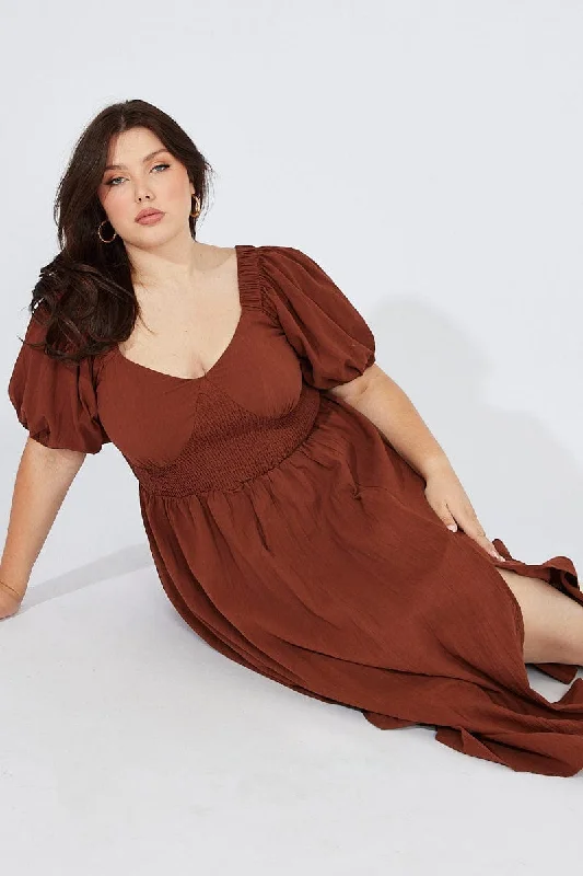 Brown Midi Dress Puff Sleeve Front Split