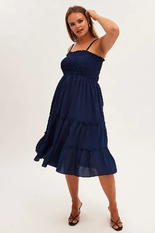 Blue Midi Dress Textured Shirred Bodice Strappy