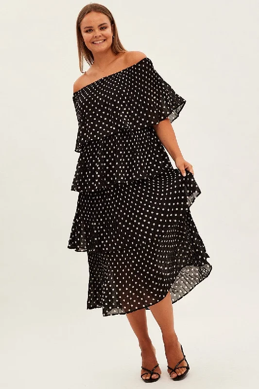 Black Polka Dot Midi Dress Off Shoulder Pleated