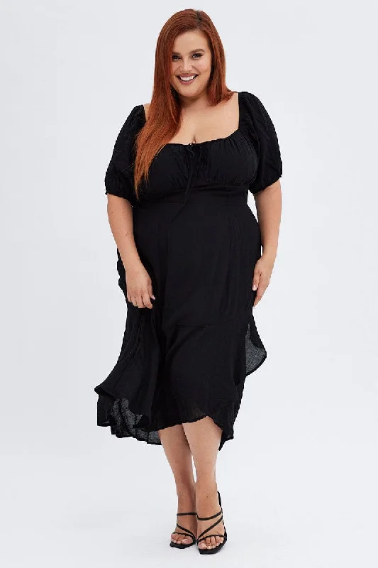 Black Midi Dress Short Sleeve Ruffle Ruched Bust