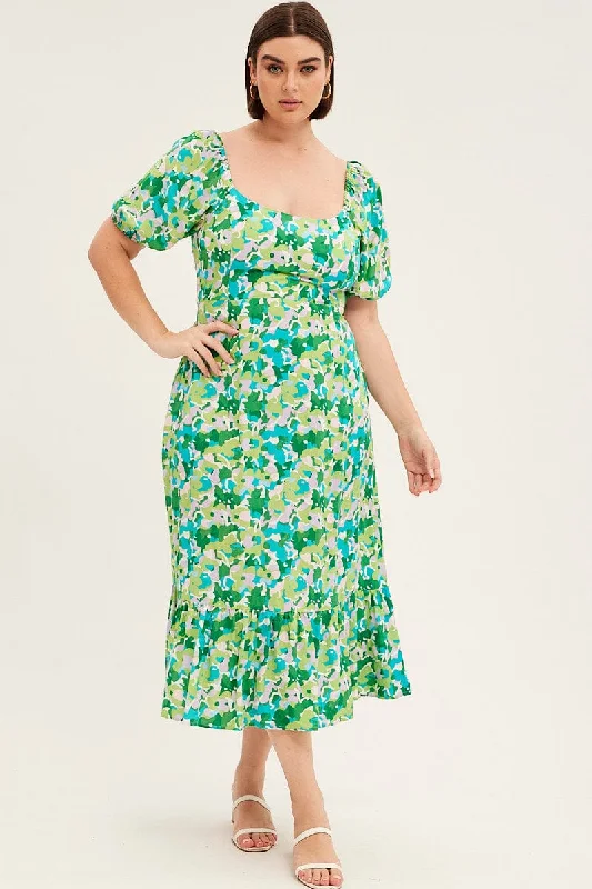 Green Floral Midi Dress Puff Sleeve Tie Front Rayon