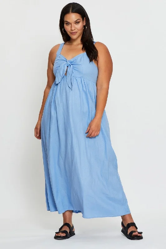 Blue Maxi Dress Sleeveless Tie Front