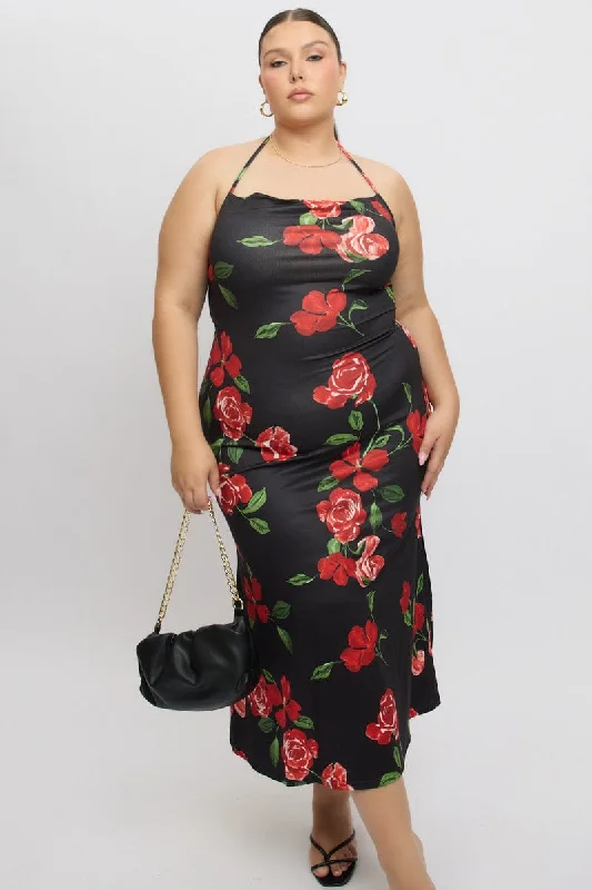 Black Floral Jersey Halter Bodycon Maxidress