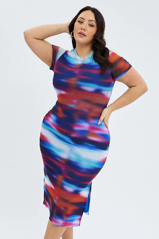 Multi Abstract Maxi Dress Mesh Cap Sleeve Bodycon