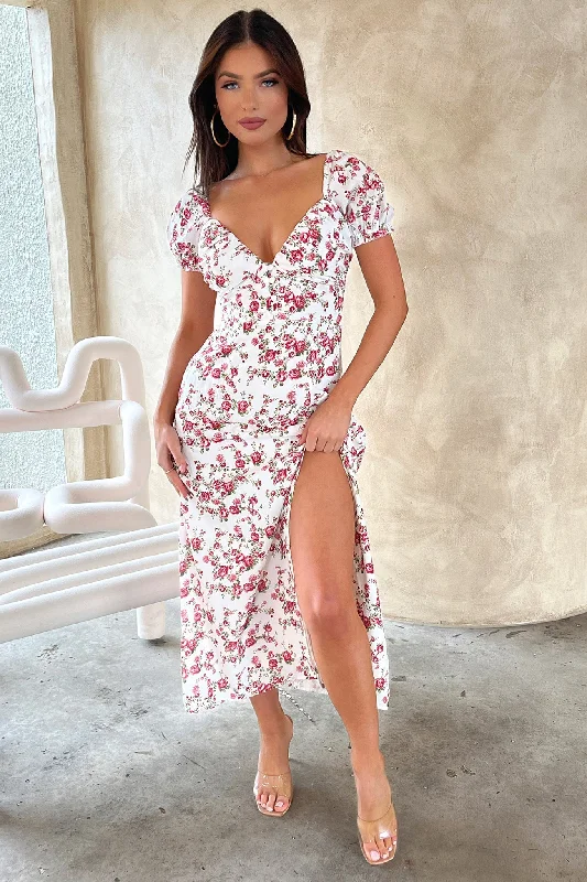 Solem Midi Dress - White / Rose Floral