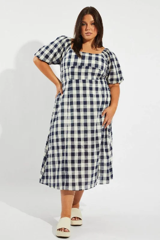 Blue Check Midi Dress With Split And Puff Sleeves