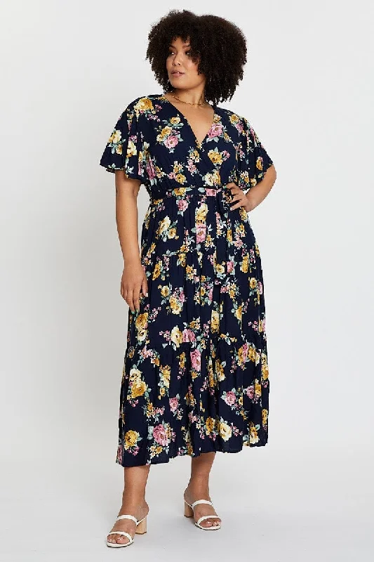 Floral Print Short Sleeve Tieredmaxi Dress