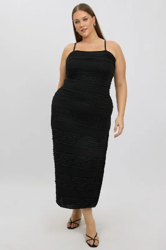 Black Textured Frill Scoop Neck Bodycon Maxidress