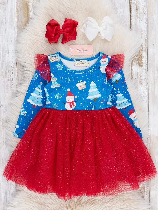 Blue & Red Snowy Christmas Tulle Dress