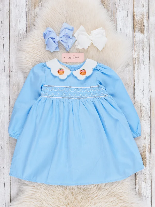 Blue Smocked Pumpkin Collar Ruffle Dress