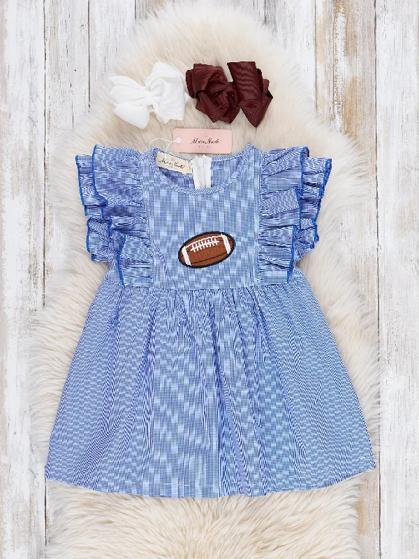 Blue Stripe Cotton Embroidered Football Ruffle Dress