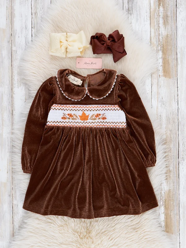 Brown Velvet Autumn Smocked Dress