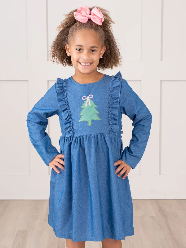 Chambray Embroidered Christmas Tree Ruffle Dress