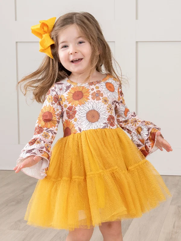 Golden Sunflowers Bell Sleeve Tulle Dress