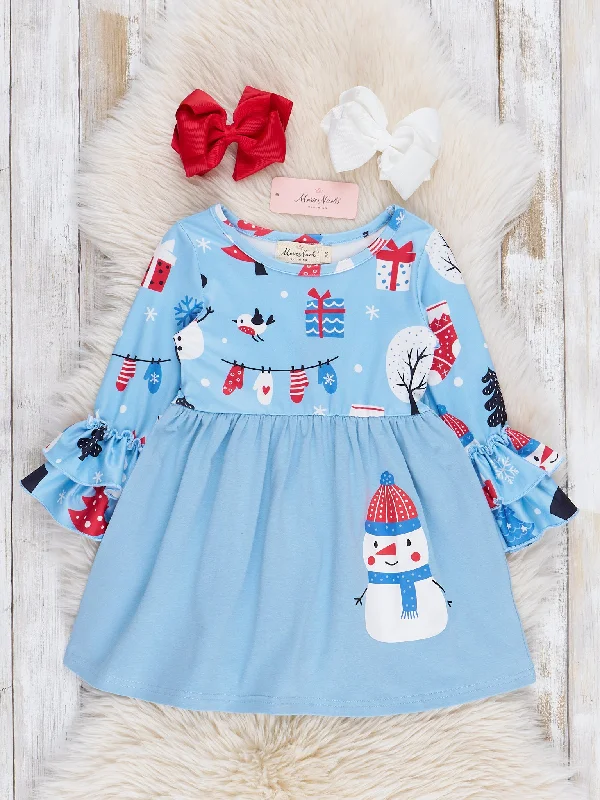 Light Blue Mr Snowman Bell Sleeve Dress - Restocked!