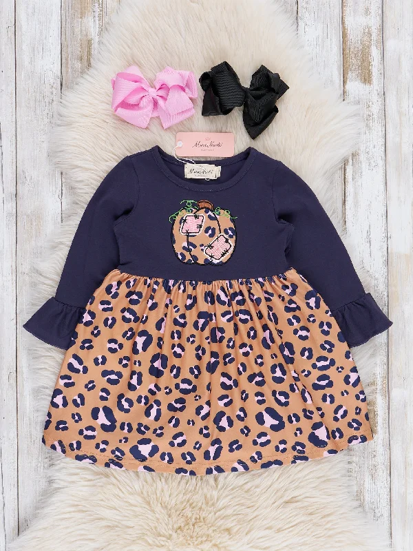 Navy & Leopard Pumpkin Patches Ruffle Dress