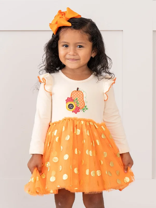 Orange Embroidered Gourds Polka Dot Tulle Dress