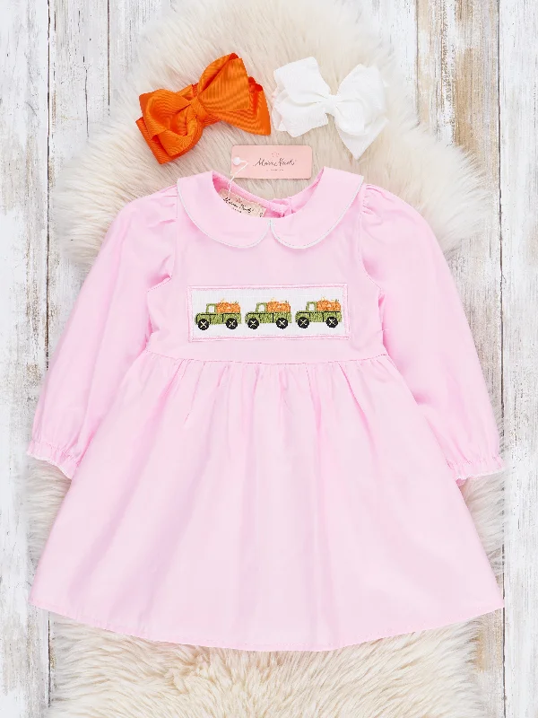 Pink Cotton Pumpkin Truck Smocked Dress