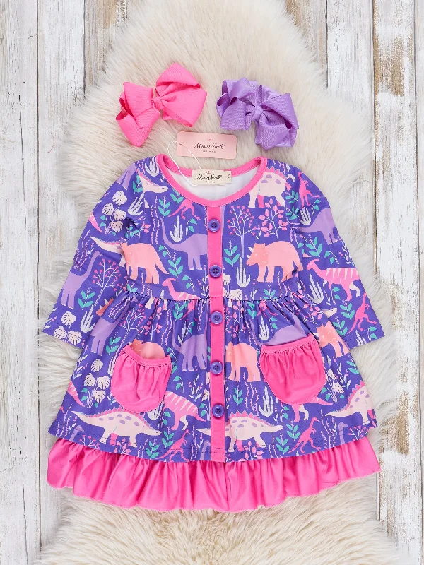 Pink & Purple Dinosaur Garden Button Ruffle Dress