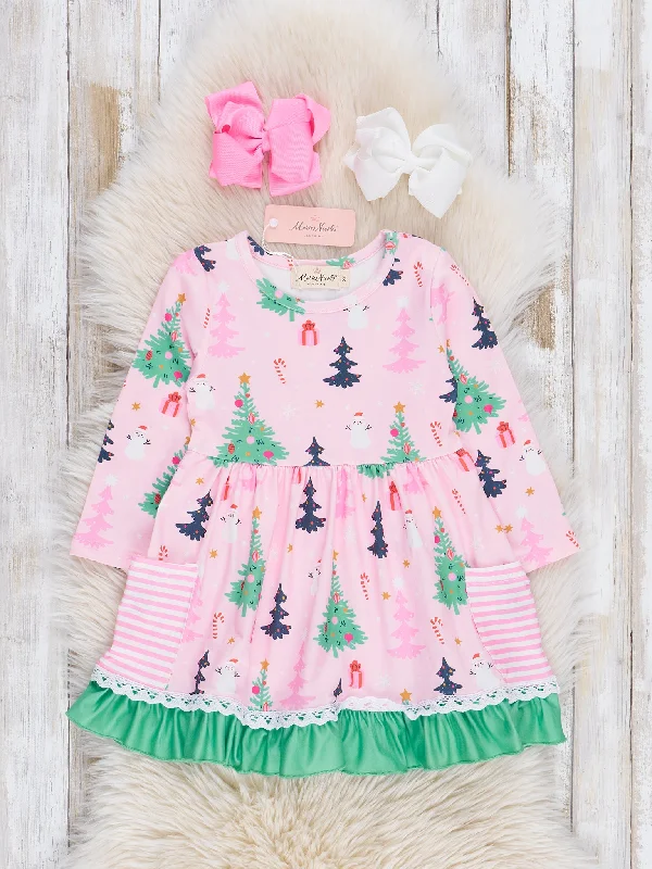 Pink & Green Holiday Forest Ruffle Dress