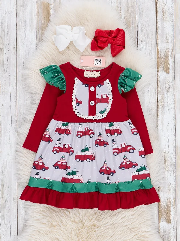 Red & Grey Tree Cars Ruffle Dress