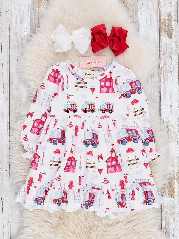 Red & White Vintage Firehouse Smocked Ruffle Dress