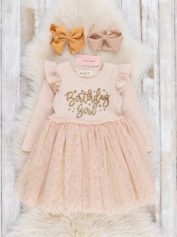 Tan Birthday Girl Sparkle Tulle Dress