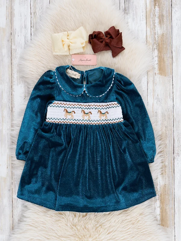 Turquoise Velvet Smocked Ponies Dress