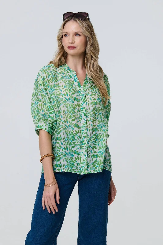 Printed 3/4 Turn-Up Sleeve Collarless Blouse