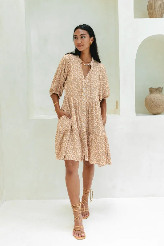 Cyra Beige Geo Button Down Mini Dress