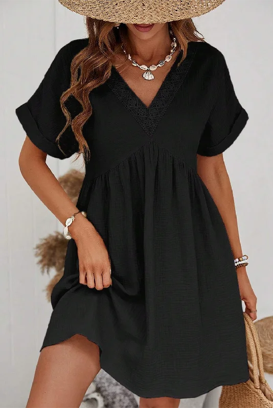 Folded Short Sleeve Lace V Neck Mini Dress