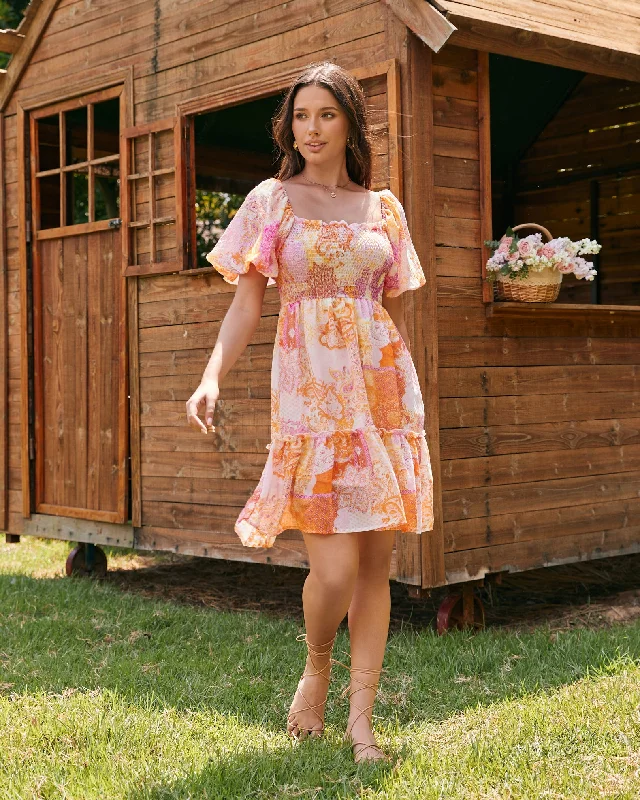 Serenity Orange Pink Boho Puff Sleeves Mini Dress