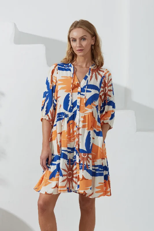 Tropicana Blue Orange Abstract Button Down Mini Dress